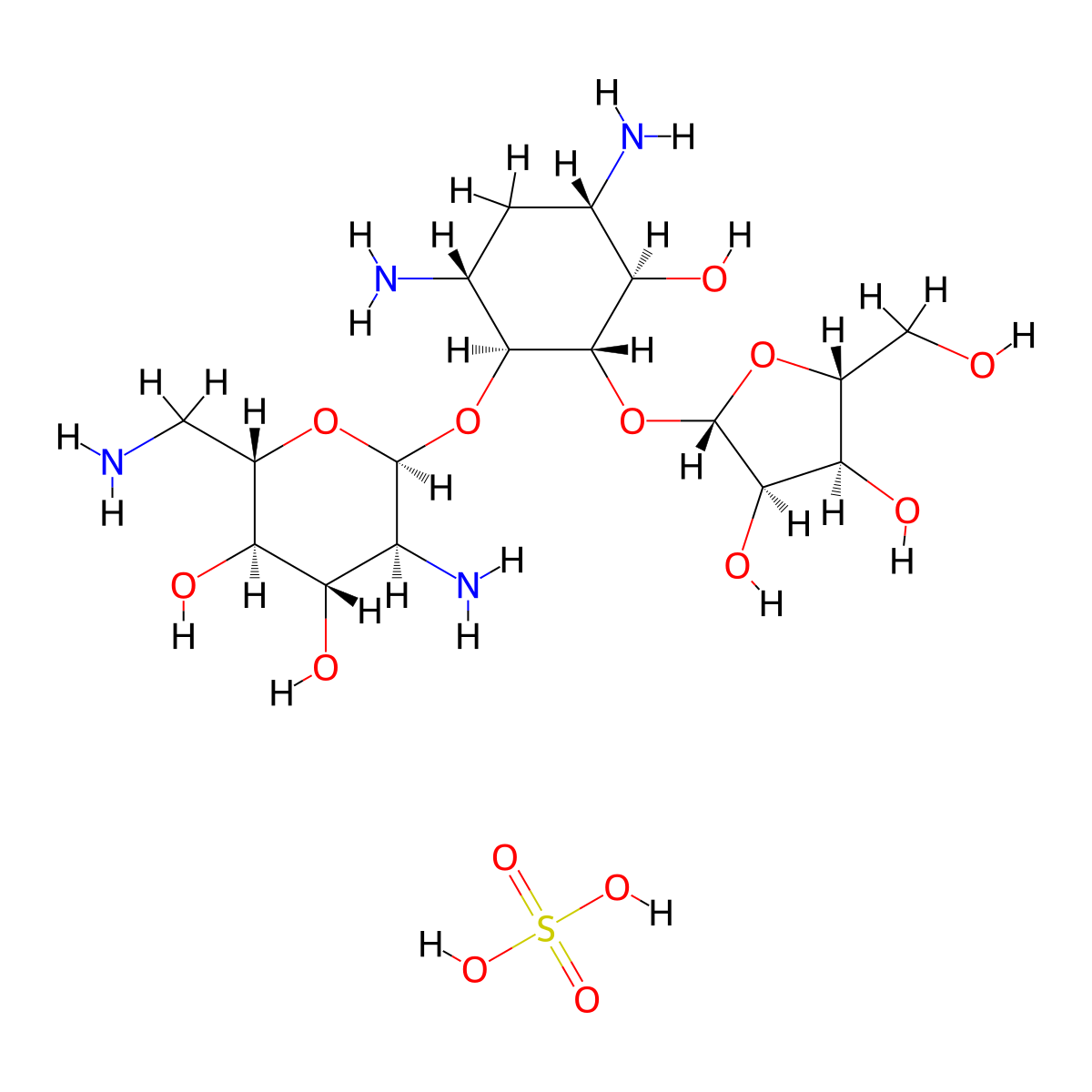 (2S,3R,4S,5S,6S)-5-Amino-2-(aminomethyl)-6-(((1S,2S,3R,4S,6R)-4,6-diamino-2-(((2S,3R,4S,5R)-3,4-dihydroxy-5-(hydroxymethyl)tetrahydrofuran-2-yl)oxy)-3-hydroxycyclohexyl)oxy)tetrahydro-2H-pyran-3,4-diol sulfate molecular structure, CAS 1262750-50-4