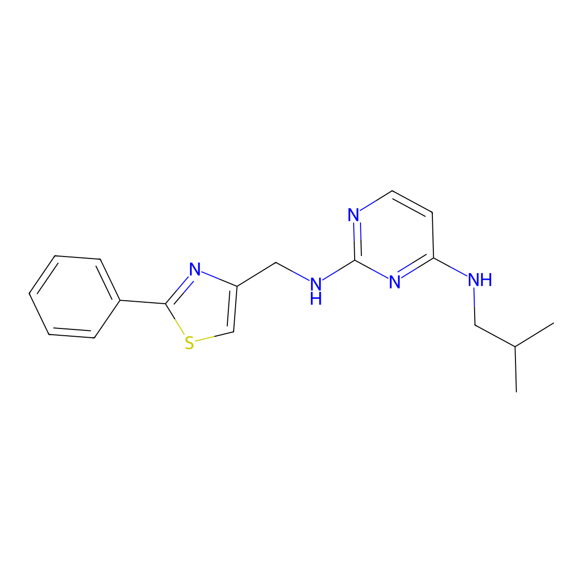 N4-isobutyl-N2-((2-phenylthiazol-4-yl)methyl)pyrimidine-2,4-diamine molecular structure, CAS 1262770-73-9