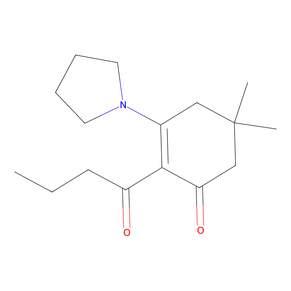 2-Butanoyl-5,5-dimethyl-3-pyrrolidin-1-ylcyclohex-2-en-1-one molecular structure, CAS 126279-92-3