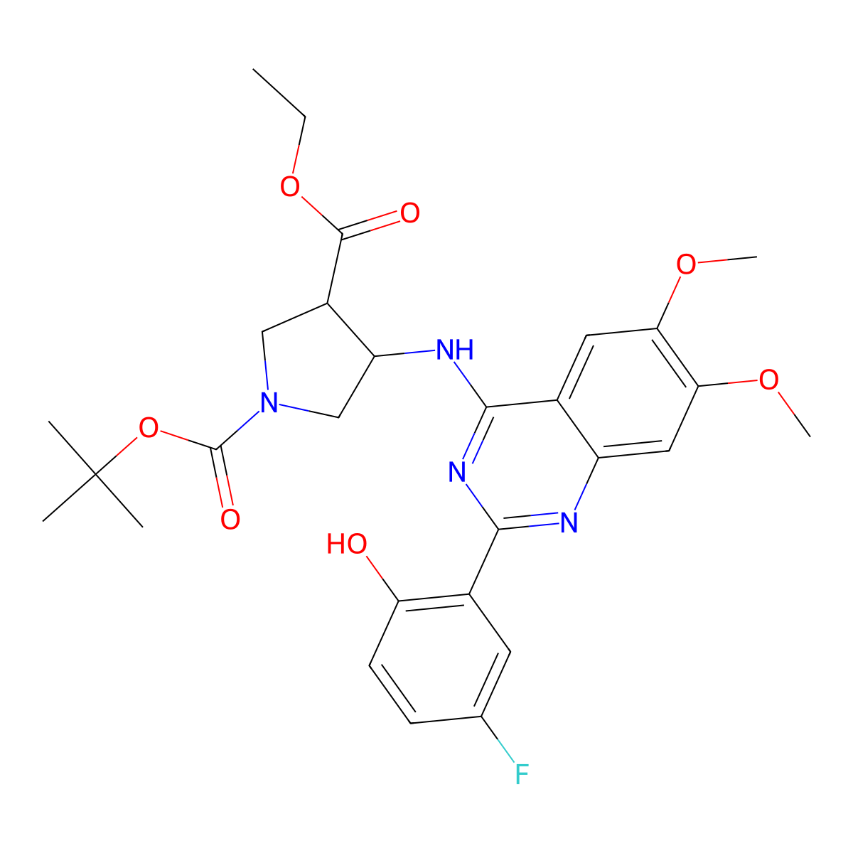 1-(tert-butyl) 3-ethyl (3R,4S)-4-((2-(5-fluoro-2-hydroxyphenyl)-6,7-dimethoxyquinazolin-4-yl)amino)pyrrolidine-1,3-dicarboxylate molecular structure, CAS 1262849-80-8