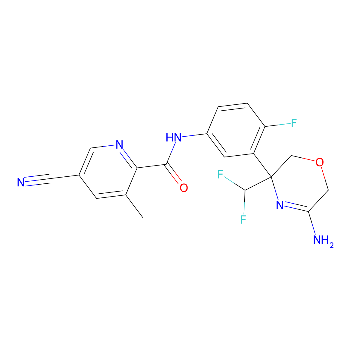 N-[3-[(3R)-5-Amino-3-(difluoromethyl)-3,6-dihydro-2H-1,4-oxazin-3-yl]-4-fluorophenyl]-5-cyano-3-methyl-2-pyridinecarboxamide molecular structure, CAS 1262856-69-8