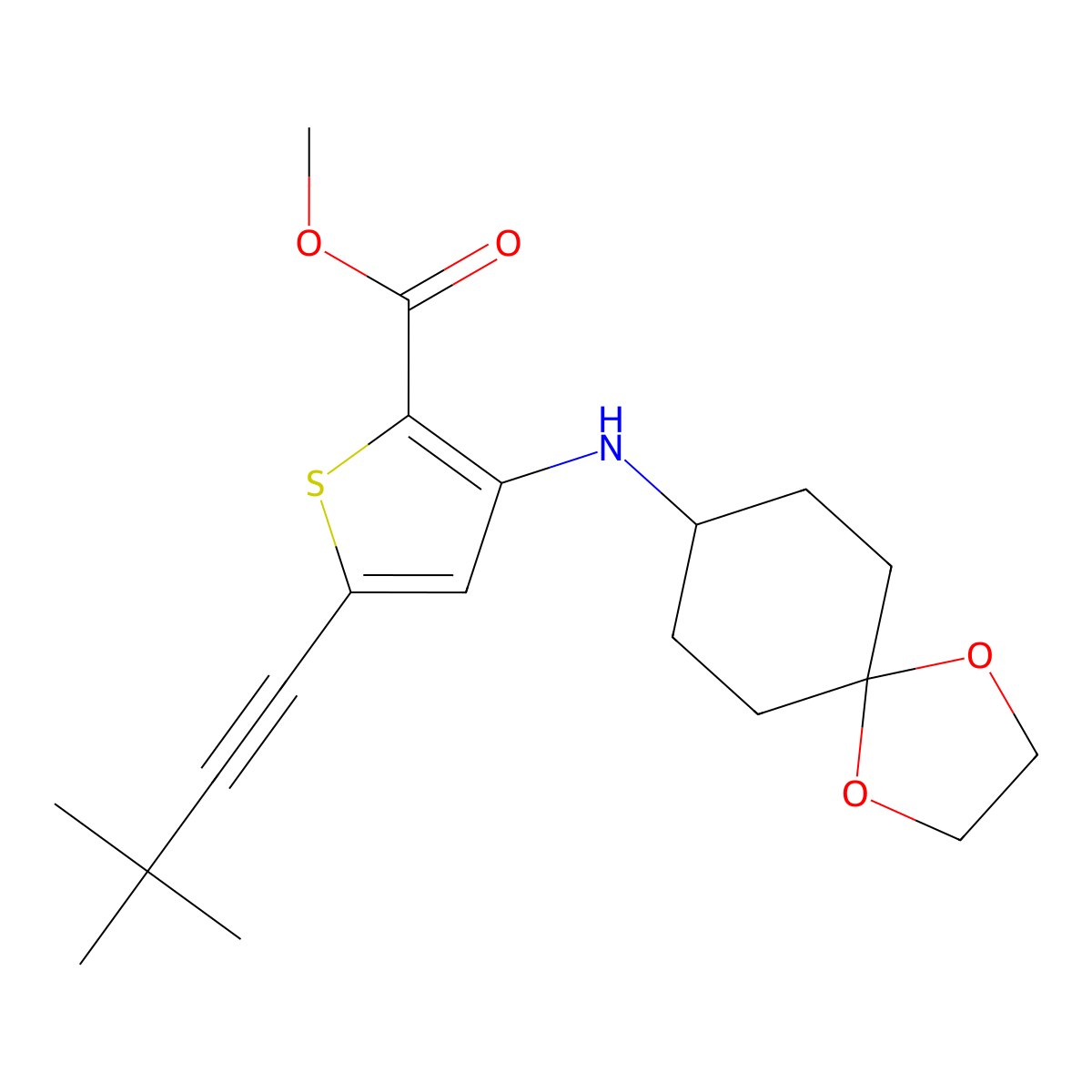 5-(3,3-Dimethyl-but-1-ynyl)-3-(1,4-dioxa-spiro[4.5]dec-8-ylamino)-thiophene-2-carboxylic acid methyl ester molecular structure, CAS 1263101-80-9