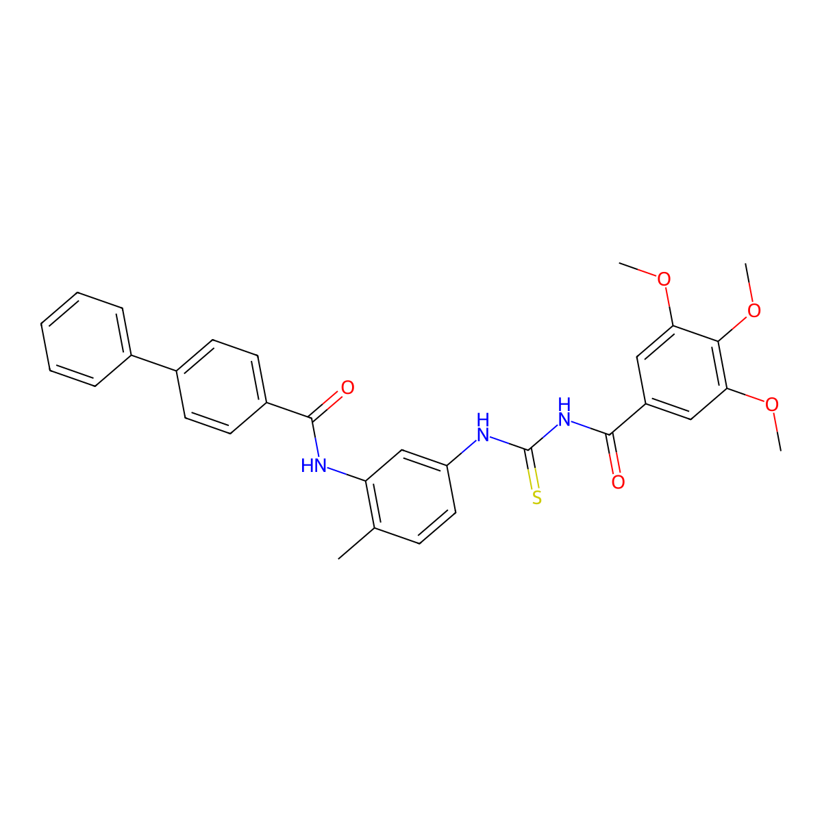 N-(2-Methyl-5-(3-(3,4,5-trimethoxybenzoyl)thioureido)phenyl)-[1,1'-biphenyl]-4-carboxamide molecular structure, CAS 1263132-08-6