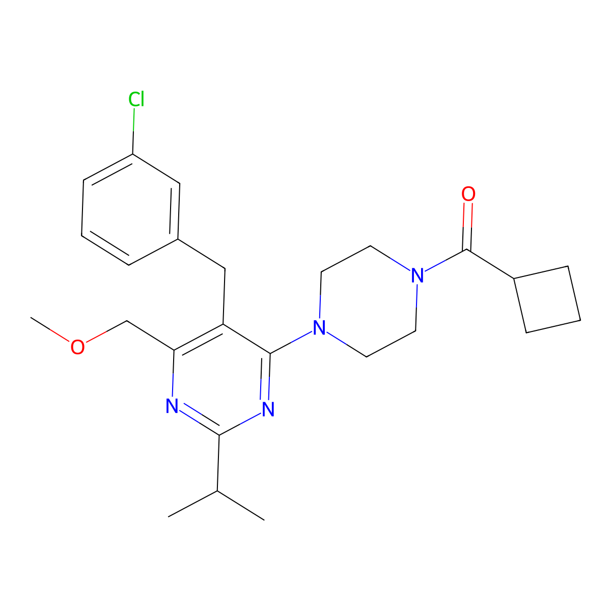 {4-[5-(3-Chlorobenzyl)-2-isopropyl-6-(methoxymethyl)-4-pyrimidinyl]piperazino}(cyclobutyl)methanone molecular structure, CAS 1263153-42-9