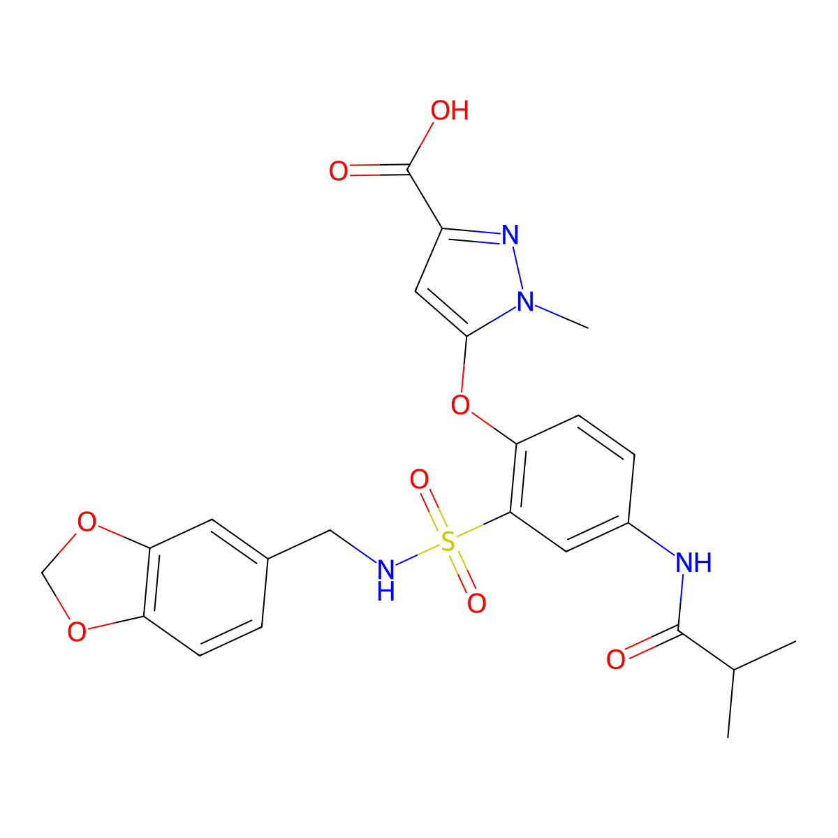 5-(2-(N-(Benzo[d][1,3]dioxol-5-ylmethyl)sulfamoyl)-4-isobutyramidophenoxy)-1-methyl-1H-pyrazole-3-carboxylic acid molecular structure, CAS 1263166-85-3