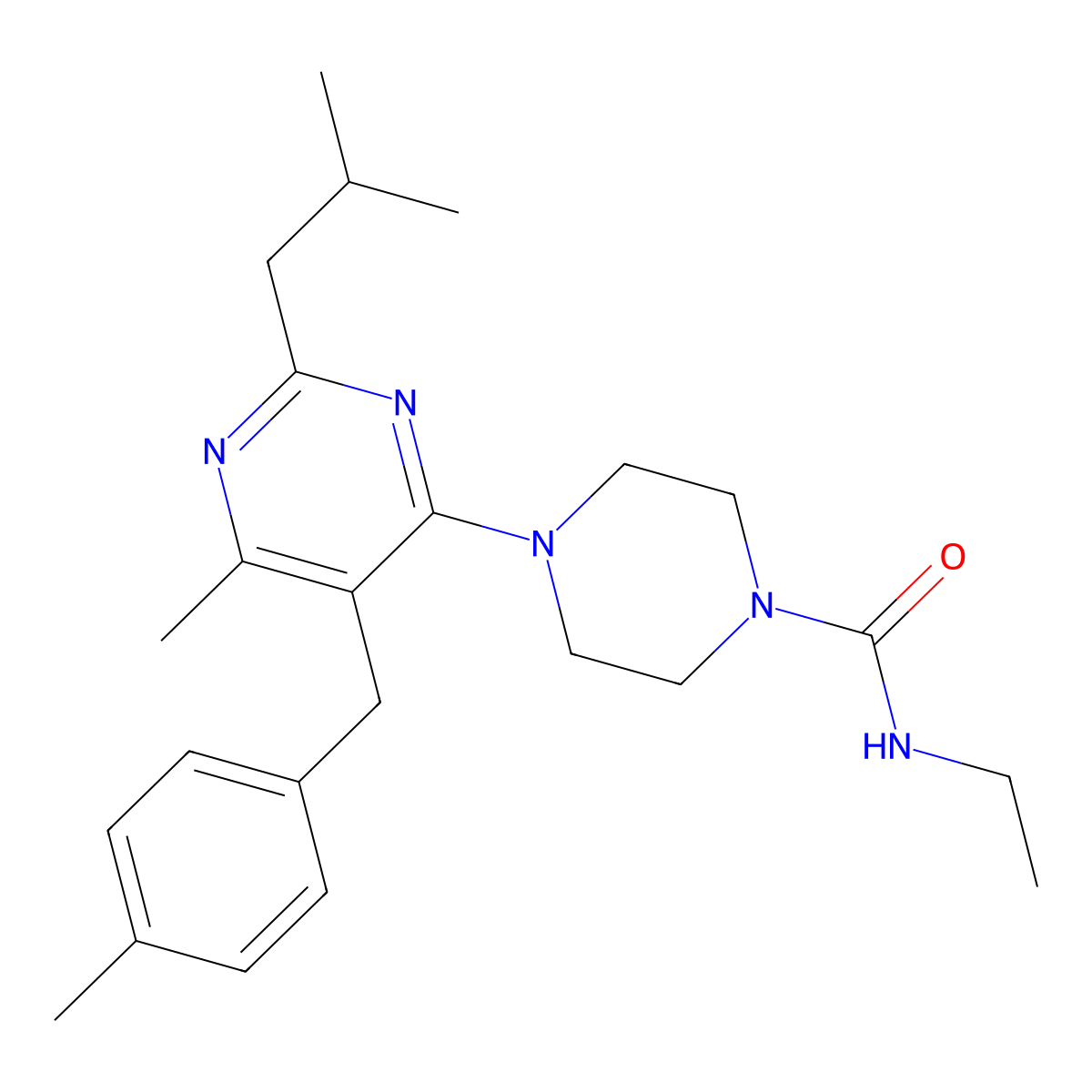 N~1~-ethyl-4-[2-isobutyl-6-methyl-5-(4-methylbenzyl)-4-pyrimidinyl]tetrahydro-1(2H)-pyrazinecarboxamide molecular structure, CAS 1263166-98-8