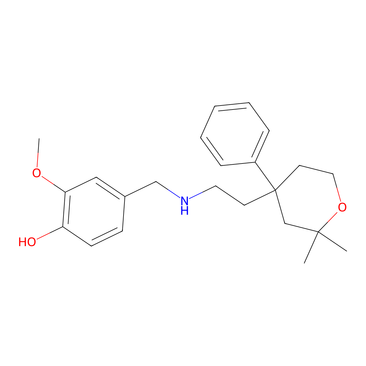 4-[[2-(2,2-Dimethyl-4-phenyloxan-4-yl)ethylazaniumyl]methyl]-2-methoxyphenolate molecular structure, CAS 126318-08-9