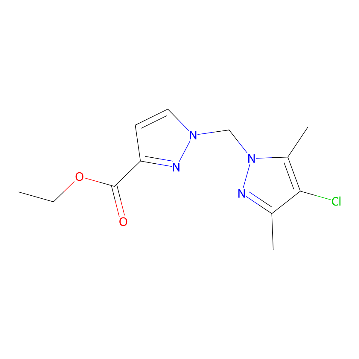 Ethyl 1-((4-chloro-3,5-dimethyl-1H-pyrazol-1-yl)methyl)-1H-pyrazole-3-carboxylate molecular structure, CAS 1263213-10-0
