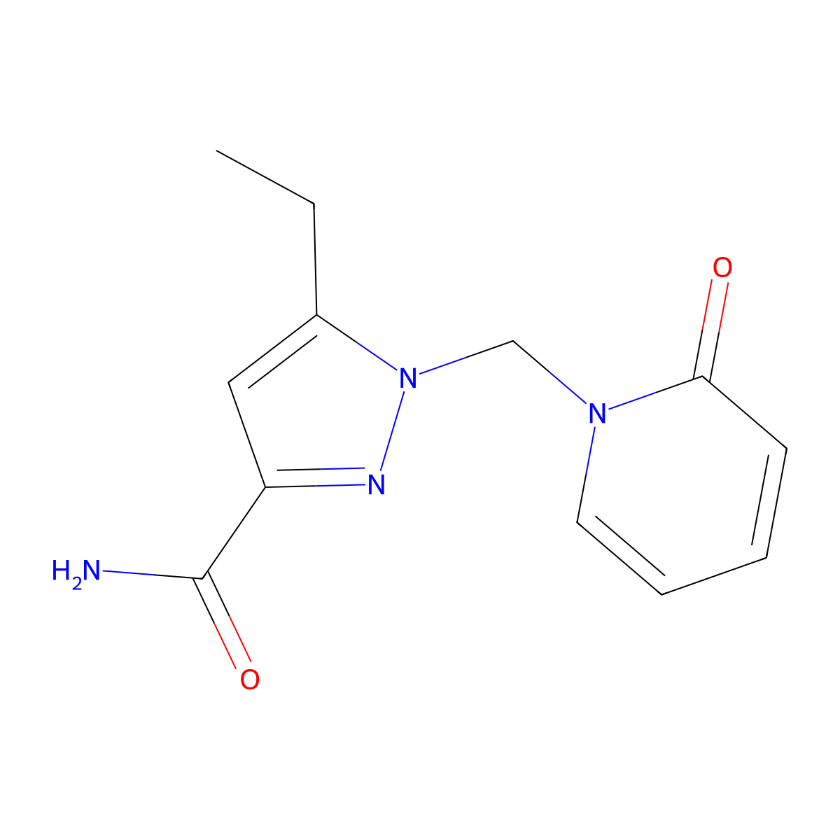 5-Ethyl-1-((2-oxopyridin-1(2H)-yl)methyl)-1H-pyrazole-3-carboxamide molecular structure, CAS 1263213-13-3