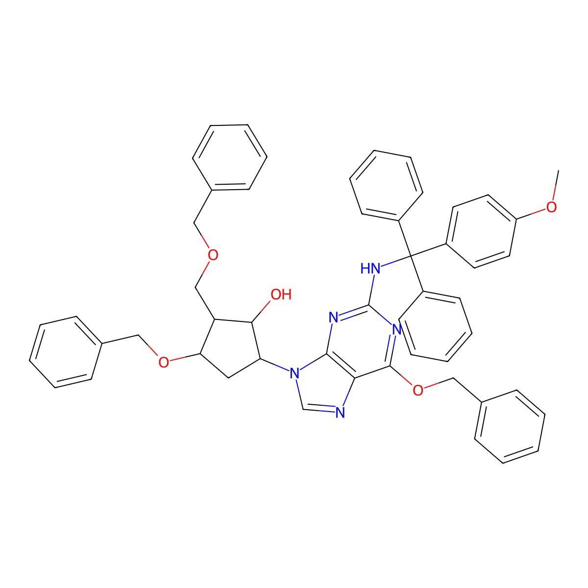(2R,3S,5S)-3-(benzyloxy)-5-(6-(benzyloxy)-2-(((4-methoxyphenyl)diphenylmethyl)amino)-9H-purin-9-yl)-2-((benzyloxy)methyl)cyclopentanol molecular structure, CAS 1263274-06-1