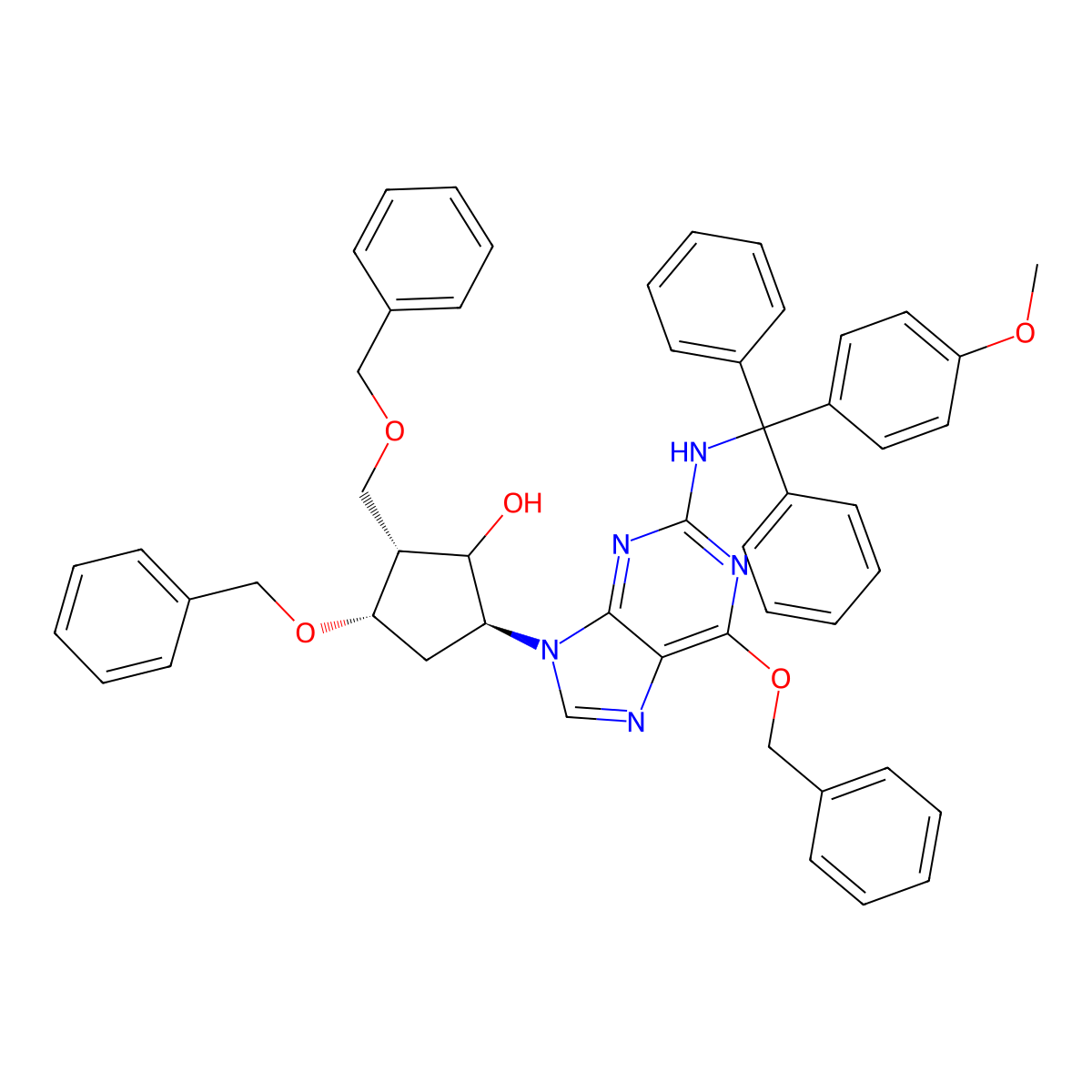 (2R,3S,5S)-3-(benzyloxy)-5-(6-(benzyloxy)-2-(((4-methoxyphenyl)diphenylmethyl)amino)-9H-purin-9-yl)-2-((benzyloxy)methyl)cyclopentanol molecular structure, CAS 1263274-06-1