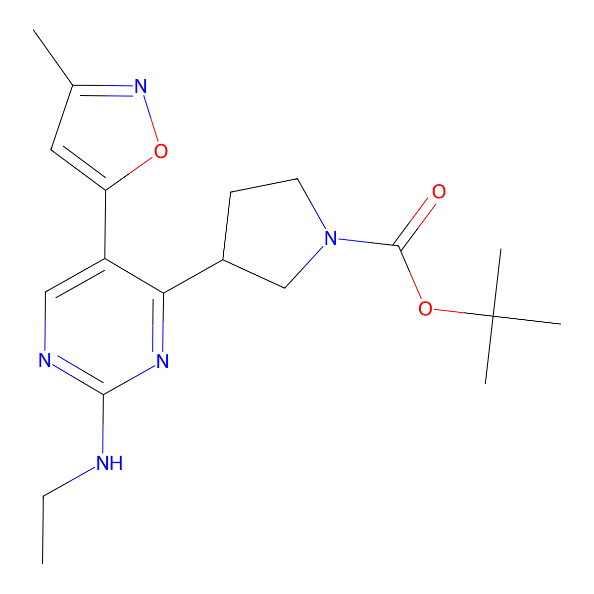 Tert-butyl3-[2-(ethylamino)-5-(3-methyl-1,2-oxazol-5-yl)pyrimidin-4-yl]pyrrolidine-1-carboxylate molecular structure, CAS 1263284-67-8