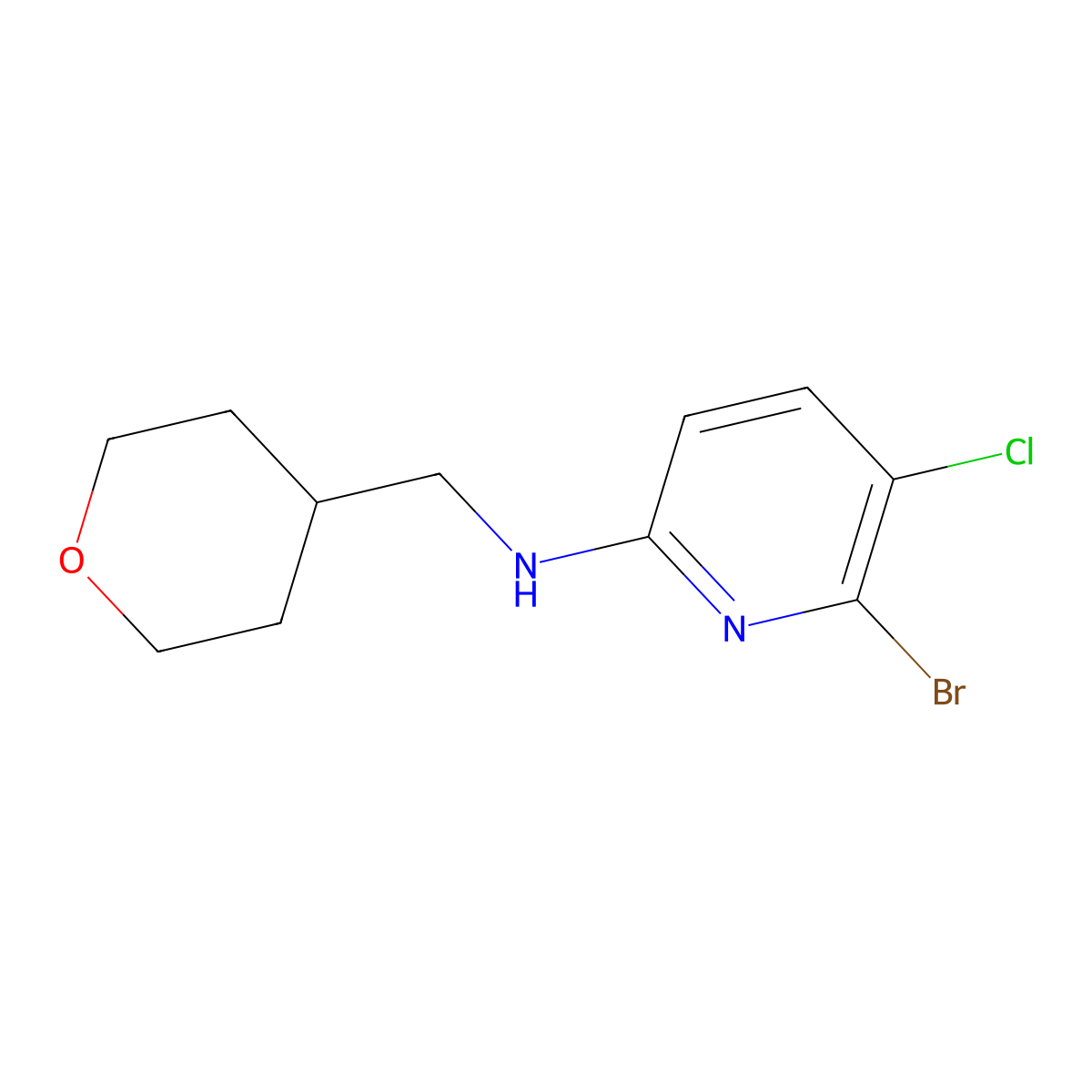 6-bromo-5-chloro-N-((tetrahydro-2H-pyran-4-yl)methyl)pyridin-2-amine molecular structure, CAS 1263374-11-3