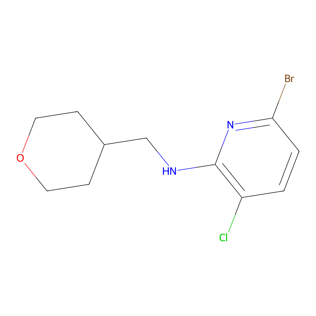 6-bromo-3-chloro-N-((tetrahydro-2H-pyran-4-yl)methyl)pyridin-2-amine molecular structure, CAS 1263374-12-4