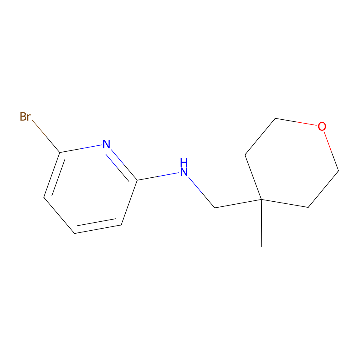 6-bromo-N-((4-methyltetrahydro-2H-pyran-4-yl)methyl)pyridin-2-amine molecular structure, CAS 1263374-99-7