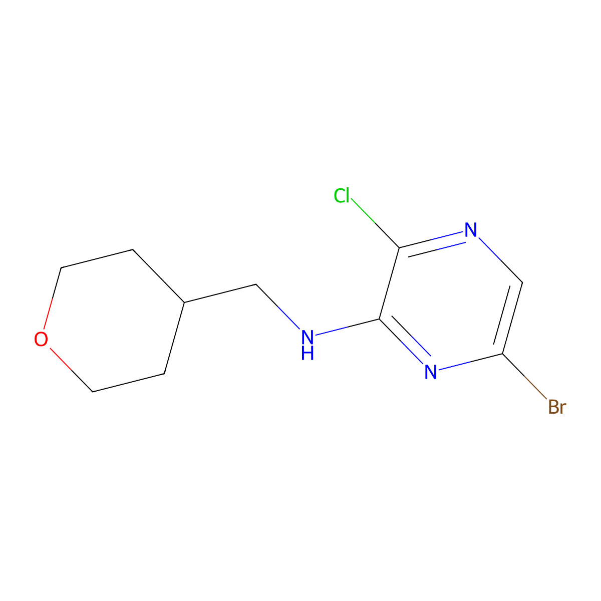 6-Bromo-3-chloro-N-((tetrahydro-2H-pyran-4-yl)methyl)pyrazin-2-amine molecular structure, CAS 1263375-37-6