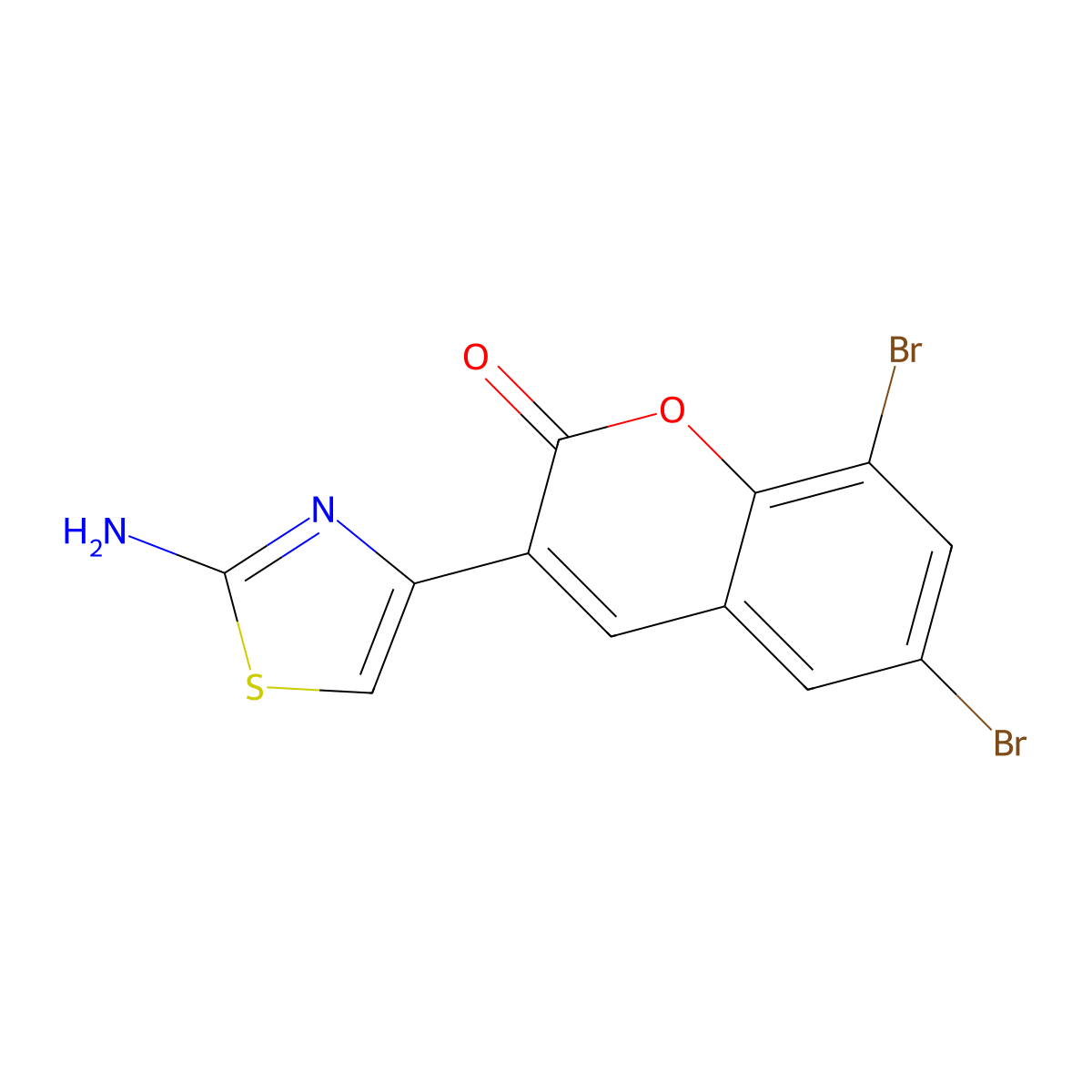 2H-1-Benzopyran-2-one, 3-(2-amino-4-thiazolyl)-6,8-dibromo- molecular structure, CAS 126357-22-0