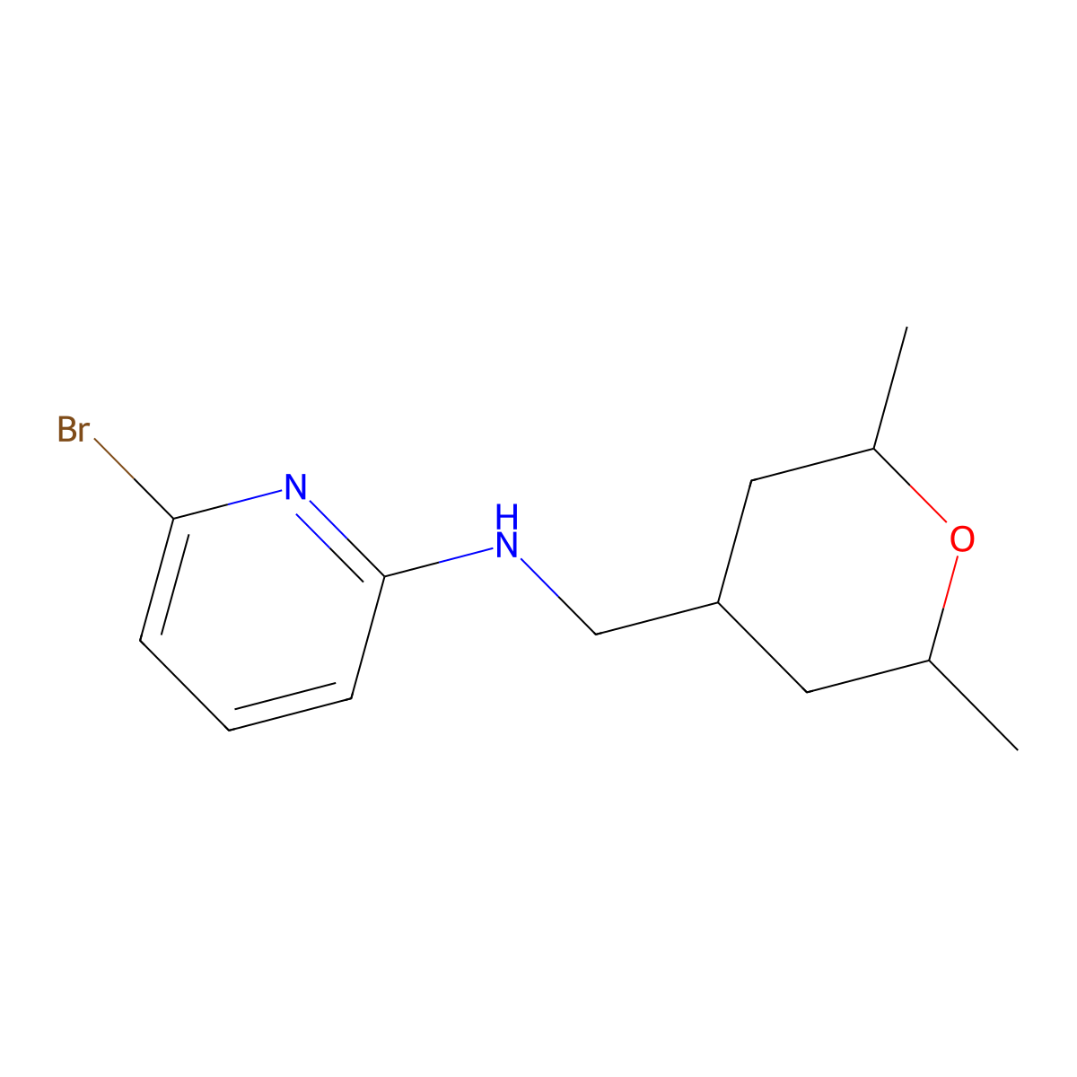 6-bromo-N-(((2R,6S)-2,6-dimethyltetrahydro-2H-pyran-4-yl)methyl)pyridin-2-amine molecular structure, CAS 1263775-51-4