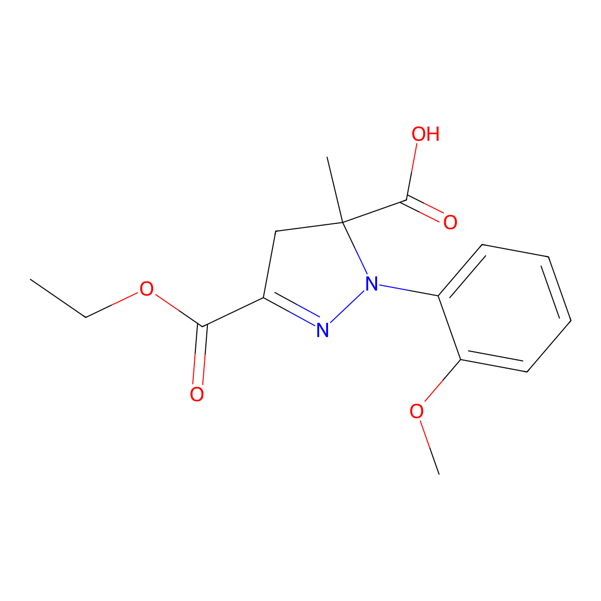 3-(Ethoxycarbonyl)-1-(2-methoxyphenyl)-5-methyl-4,5-dihydro-1H-pyrazole-5-carboxylic acid molecular structure, CAS 1264043-35-7