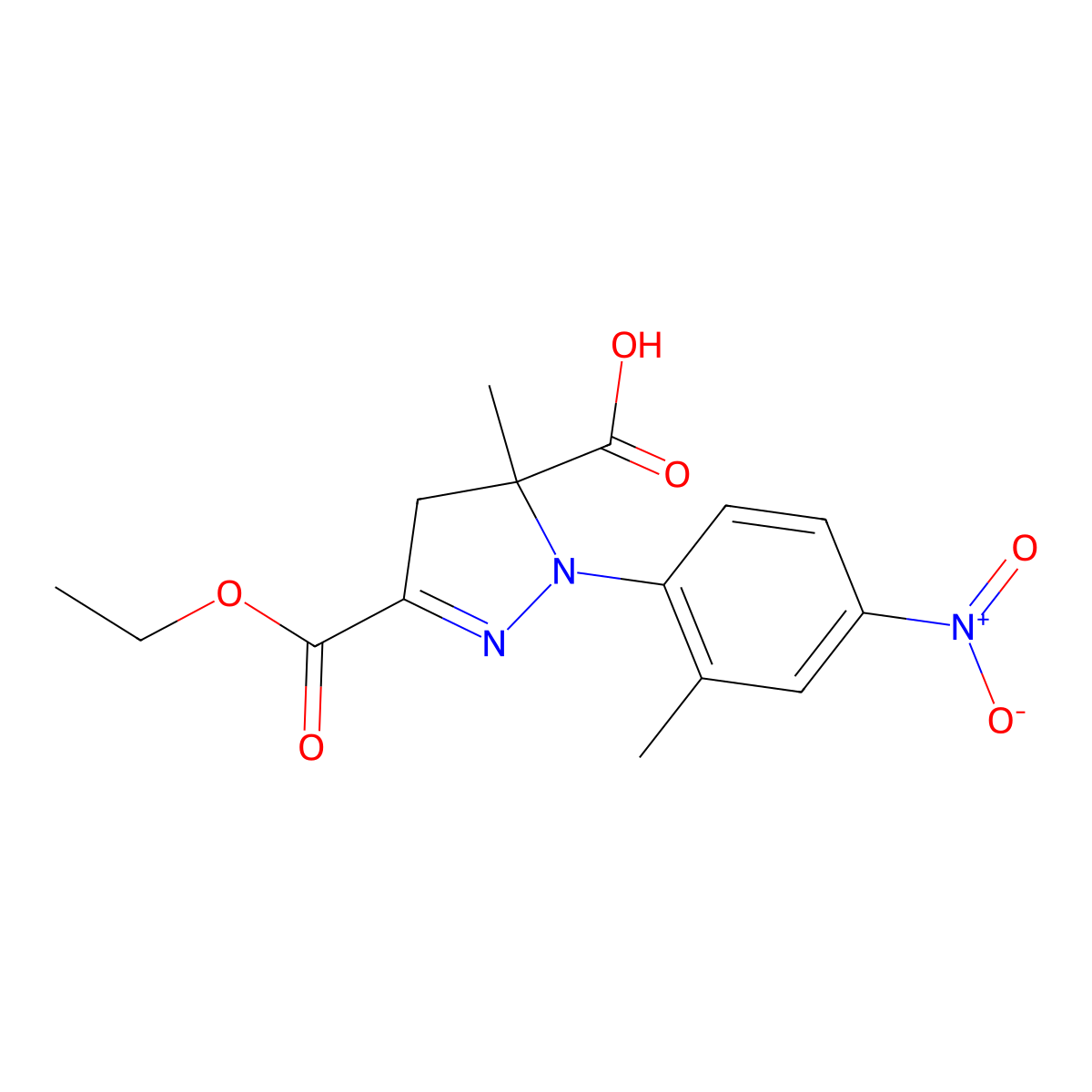 3-(Ethoxycarbonyl)-5-methyl-1-(2-methyl-4-nitrophenyl)-4,5-dihydro-1H-pyrazole-5-carboxylic acid molecular structure, CAS 1264043-71-1