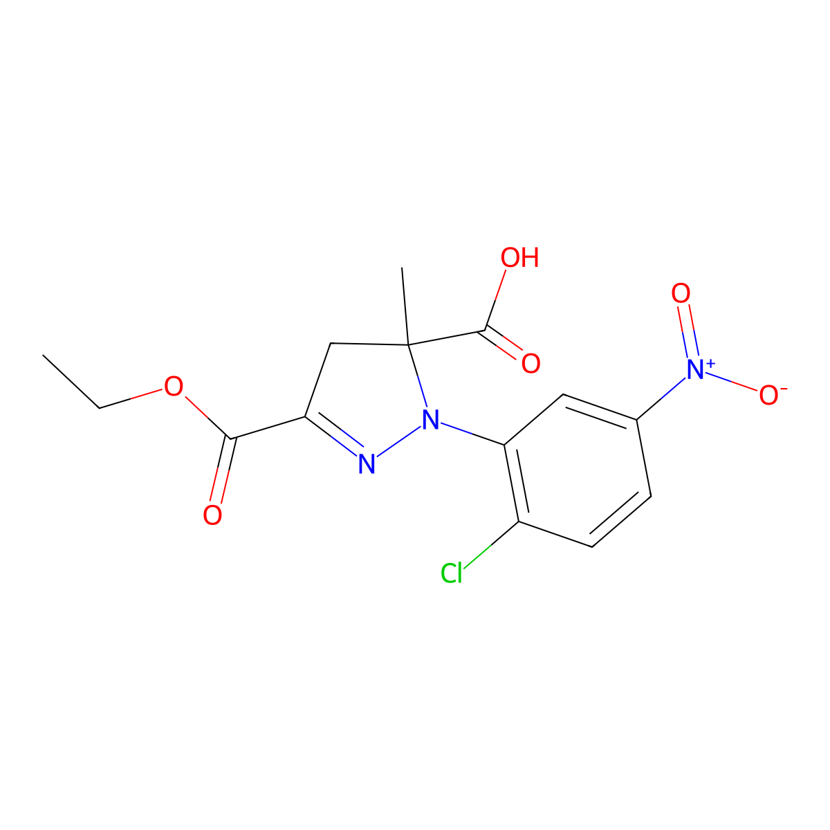 1-(2-Chloro-5-nitrophenyl)-3-(ethoxycarbonyl)-5-methyl-4,5-dihydro-1H-pyrazole-5-carboxylic acid molecular structure, CAS 1264046-78-7