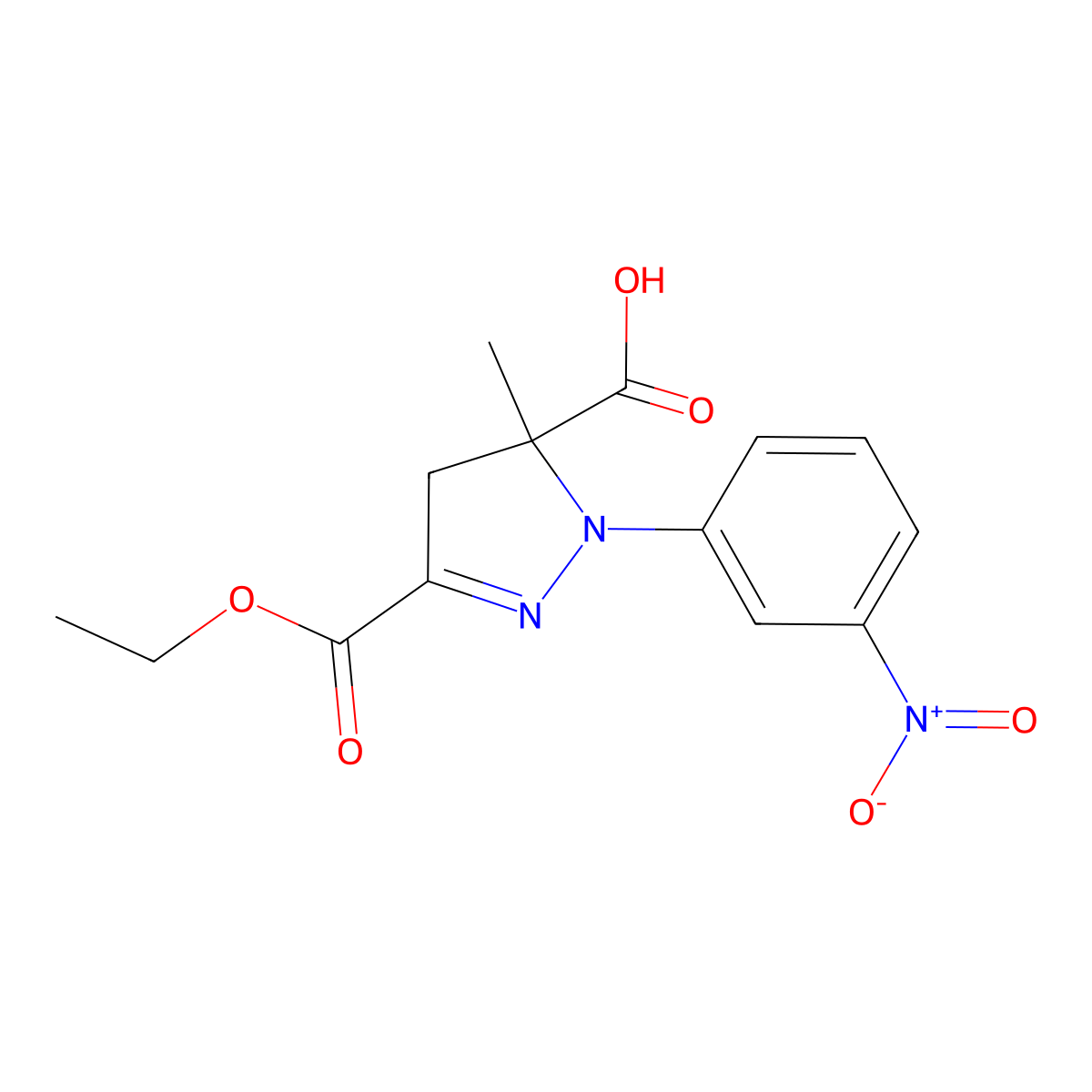 3-(Ethoxycarbonyl)-5-methyl-1-(3-nitrophenyl)-4,5-dihydro-1H-pyrazole-5-carboxylic acid molecular structure, CAS 1264049-01-5