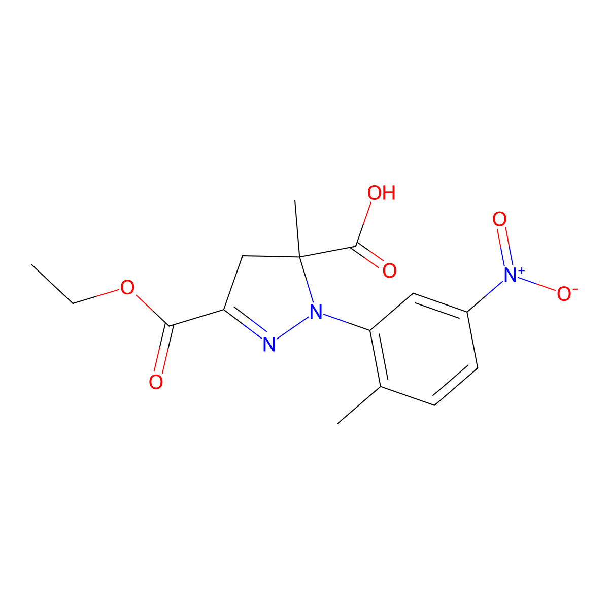 3-(Ethoxycarbonyl)-5-methyl-1-(2-methyl-5-nitrophenyl)-4,5-dihydro-1H-pyrazole-5-carboxylic acid molecular structure, CAS 1264049-79-7