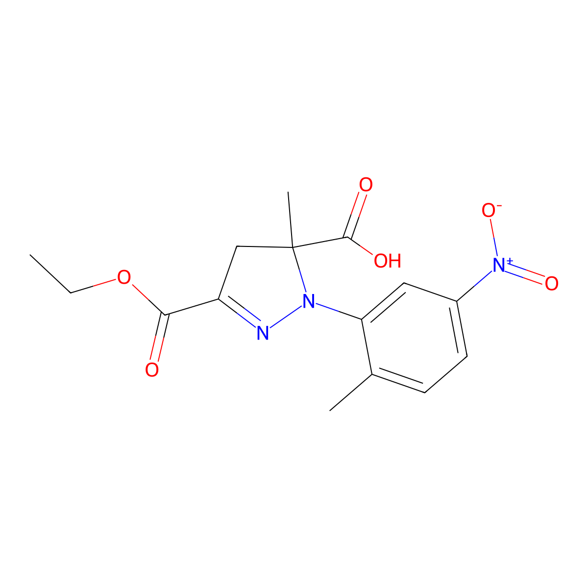 3-(Ethoxycarbonyl)-5-methyl-1-(2-methyl-5-nitrophenyl)-4,5-dihydro-1H-pyrazole-5-carboxylic acid molecular structure, CAS 1264049-79-7