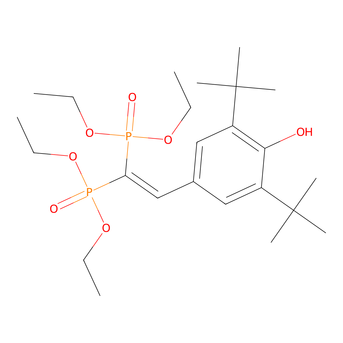 P,P,P',P'-Tetraethyl P,P'-((3,5-bis(1,1-dimethylethyl)-4-hydroxyphenyl)ethenylidene)bis(phosphonate) molecular structure, CAS 126411-39-0