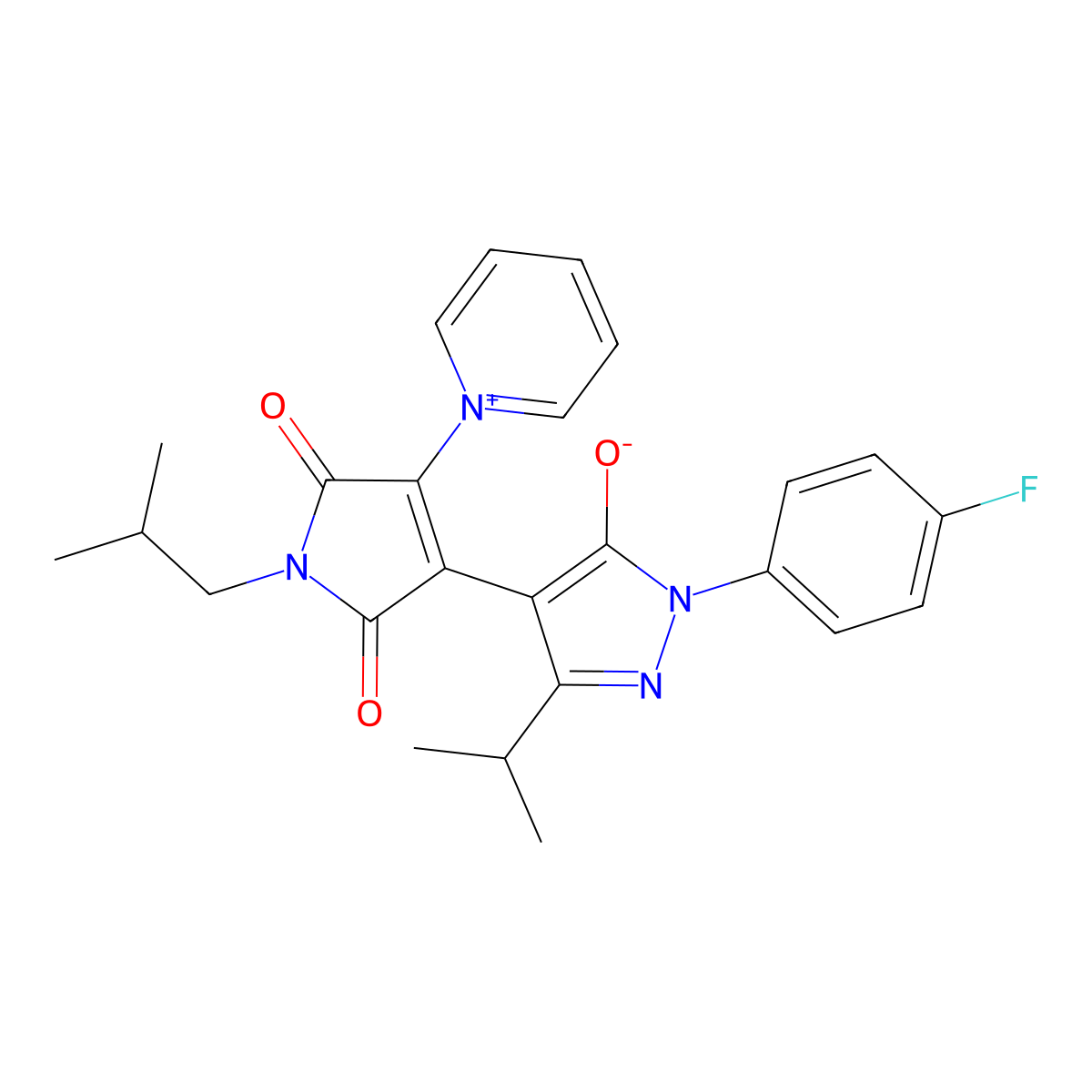 1-(4-fluorophenyl)-4-[1-isobutyl-2,5-dioxo-4-(1-pyridiniumyl)-2,5-dihydro-1H-pyrrol-3-yl]-3-isopropyl-1H-pyrazol-5-olate molecular structure, CAS 1264193-68-1
