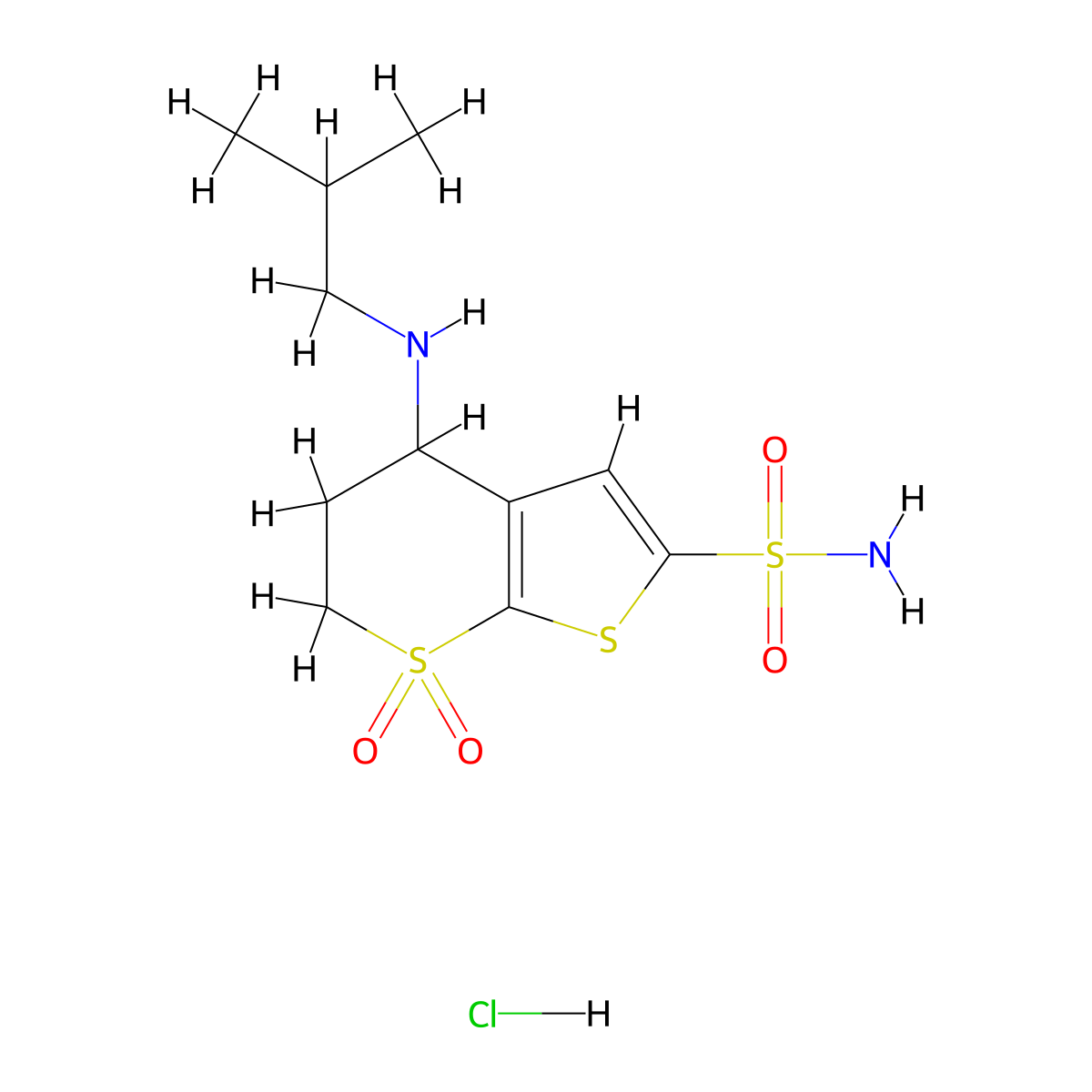 4-(isobutylamino)-5,6-dihydro-4H-thieno[2,3-b]thiopyran-2-sulfonamide 7,7-dioxide hydrochloride molecular structure, CAS 126453-94-9