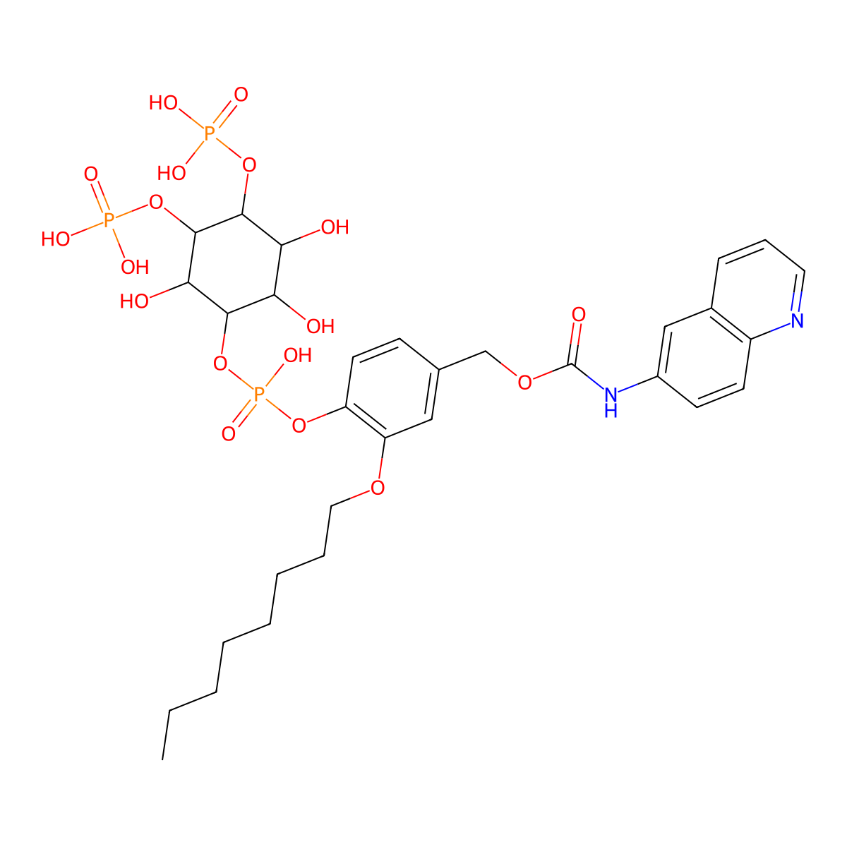 [4-[hydroxy-[(1S,2S,3R,4S,5S,6R)-2,3,6-trihydroxy-4,5-diphosphonooxycyclohexyl]oxyphosphoryl]oxy-3-octoxyphenyl]methyl N-quinolin-6-ylcarbamate molecular structure, CAS 1264748-47-1