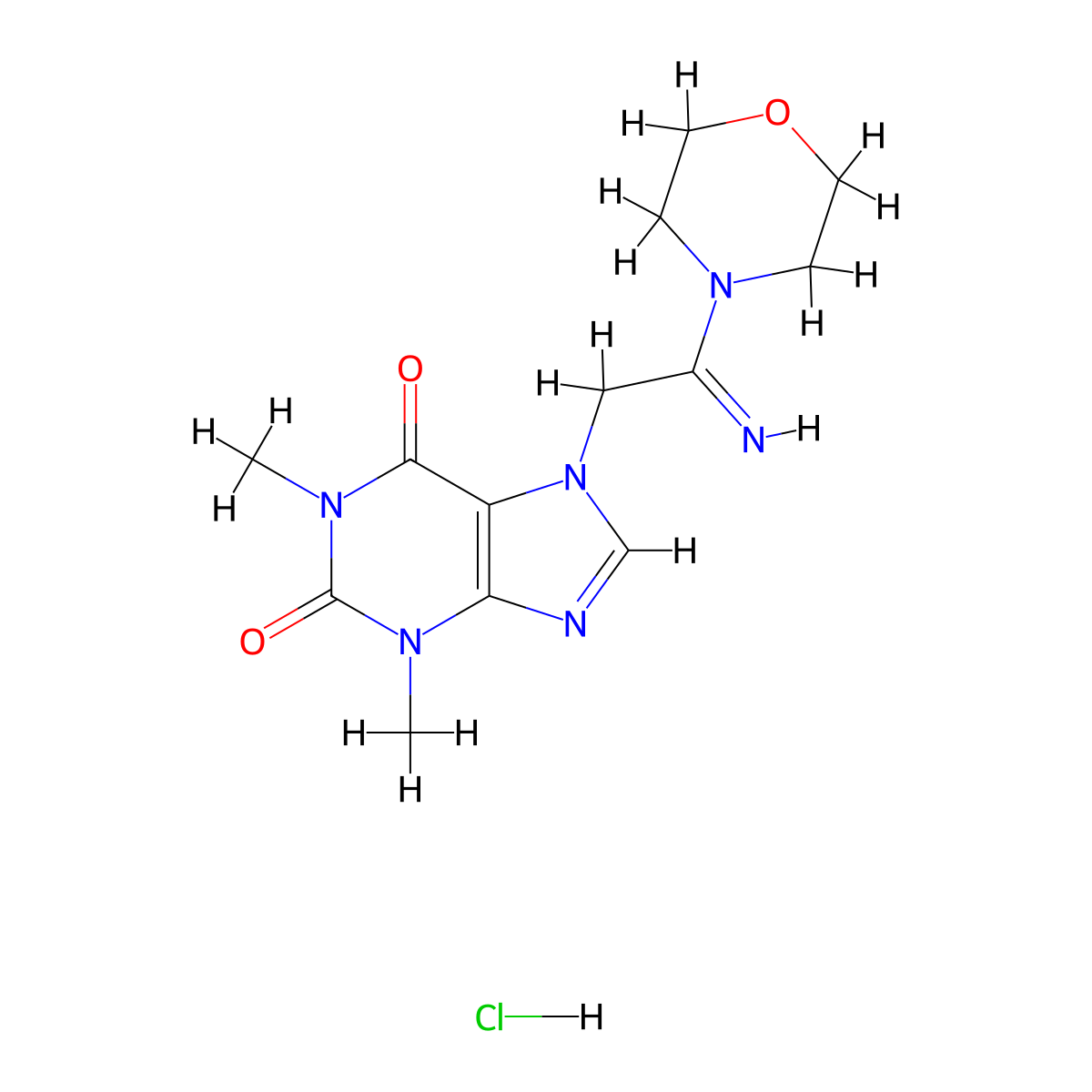 Morpholine, 4-(1-imino-2-(1,2,3,6-tetrahydro-1,3-dimethyl-2,6-dioxo-7H-purin-7-yl)ethyl)-, hydrochloride, hydrate (1:1:1) molecular structure, CAS 126480-52-2