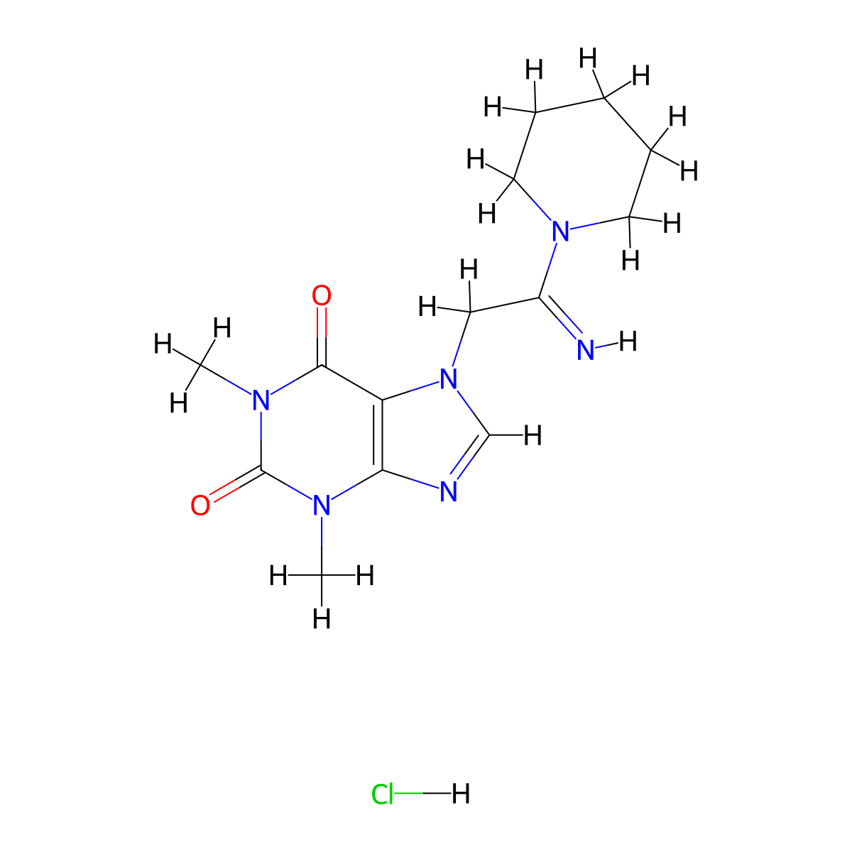 Piperidine, 1-(1-imino-2-(1,2,3,6-tetrahydro-1,3-dimethyl-2,6-dioxo-7H-purin-7-yl)ethyl)-, hydrochloride, hydrate (1:1:1) molecular structure, CAS 126480-53-3