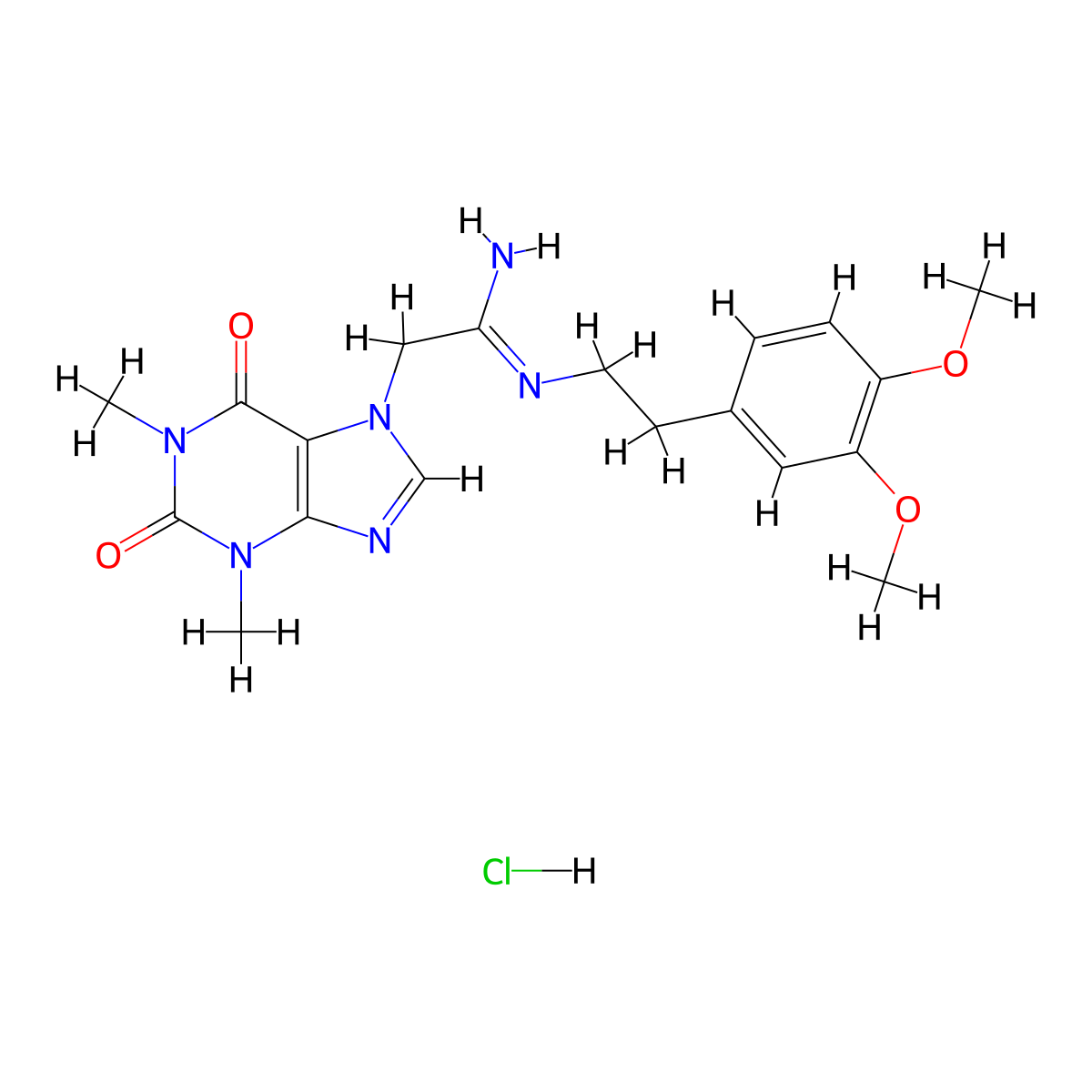 7H-Purine-7-ethanimidamide, 1,2,3,6-tetrahydro-N-(2-(3,4-dimethoxyphenyl)ethyl)-1,3-dimethyl-2,6-dioxo-, monohydrochloride molecular structure, CAS 126480-54-4