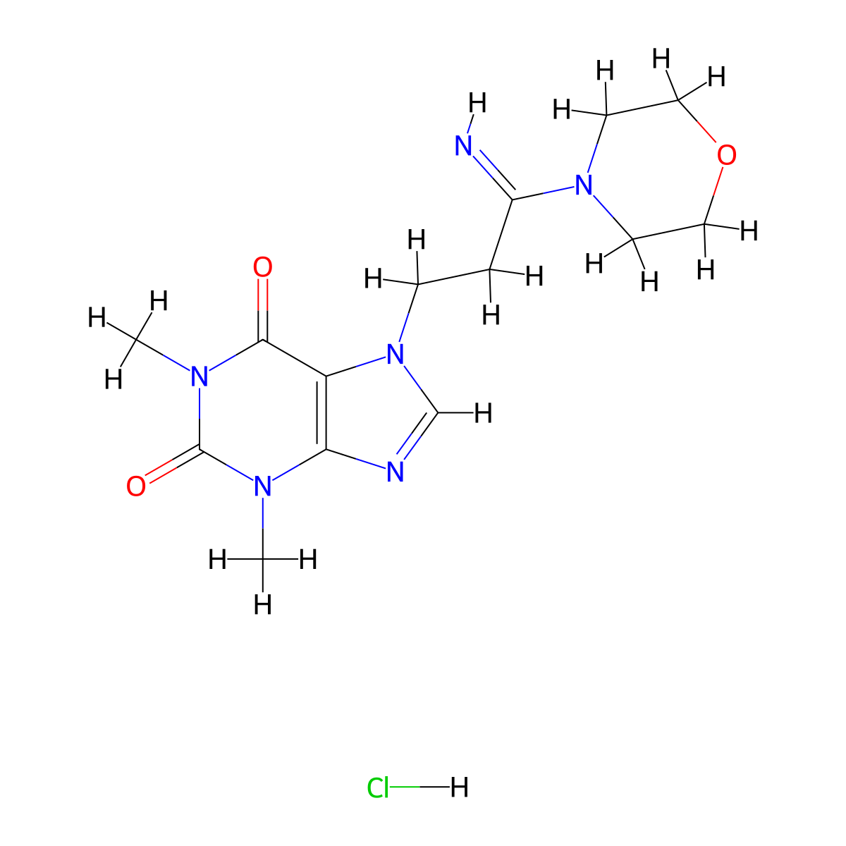 Morpholine, 4-(1-imino-3-(1,2,3,6-tetrahydro-1,3-dimethyl-2,6-dioxo-7H-purin-7-yl)propyl)-, hydrochloride, hydrate molecular structure, CAS 126480-55-5