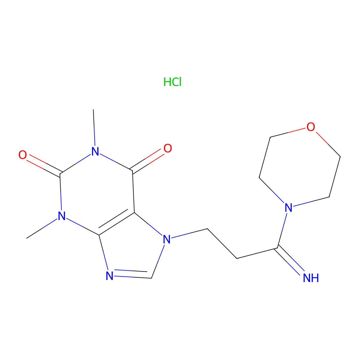 Morpholine, 4-(1-imino-3-(1,2,3,6-tetrahydro-1,3-dimethyl-2,6-dioxo-7H-purin-7-yl)propyl)-, hydrochloride, hydrate molecular structure, CAS 126480-55-5
