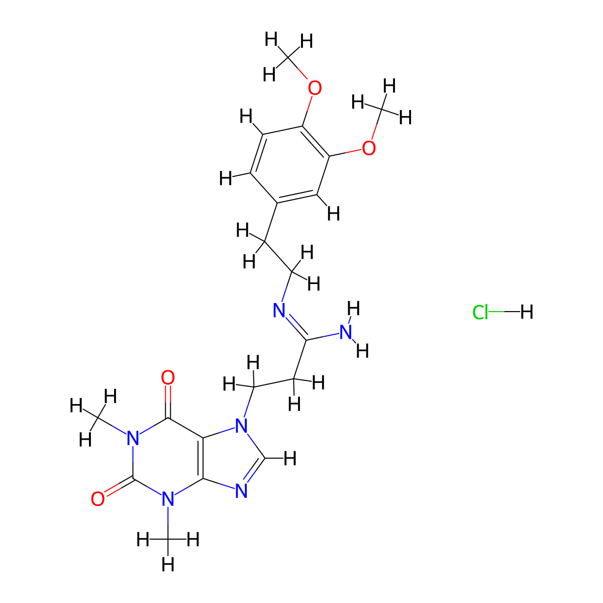7H-Purine-7-propanimidamide, 1,2,3,6-tetrahydro-N-(2-(3,4-dimethoxyphenyl)ethyl)-1,3-dimethyl-2,6-dioxo-, monohydrochloride molecular structure, CAS 126480-57-7