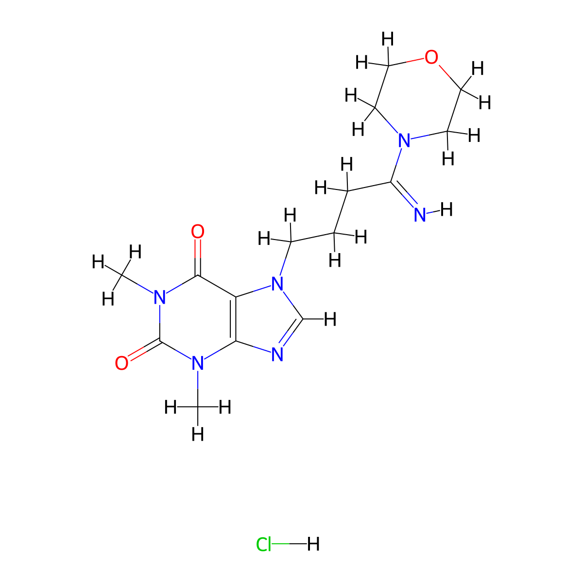 Morpholine, 4-(1-imino-4-(1,2,3,6-tetrahydro-1,3-dimethyl-2,6-dioxo-7H-purin-7-yl)butyl)-, hydrochloride, hydrate (2:2:3) molecular structure, CAS 126480-58-8