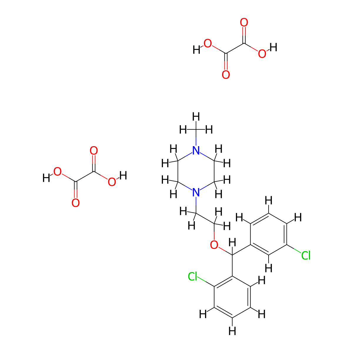 Piperazine, 1-(2-((2-chlorophenyl)(3-chlorophenyl)methoxy)ethyl)-4-methyl-, ethanedioate (1:2) molecular structure, CAS 126517-35-9