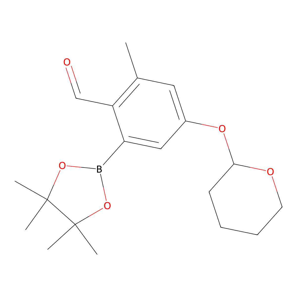 2-Methyl-4-((tetrahydro-2H-pyran-2-yl)oxy)-6-(4,4,5,5-tetramethyl-1,3,2-dioxaborolan-2-yl)benzaldehyde molecular structure, CAS 1265359-19-0
