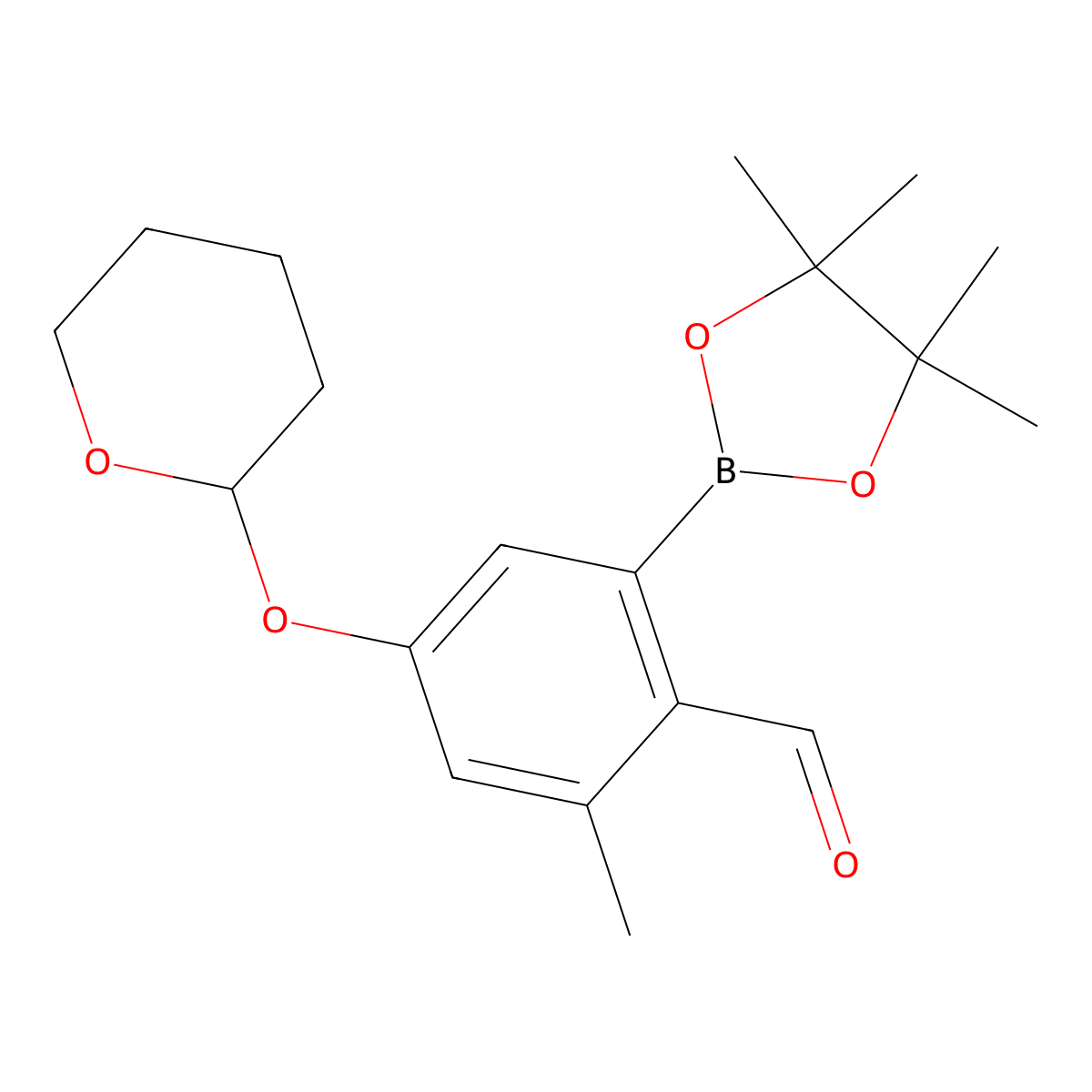 2-Methyl-4-((tetrahydro-2H-pyran-2-yl)oxy)-6-(4,4,5,5-tetramethyl-1,3,2-dioxaborolan-2-yl)benzaldehyde molecular structure, CAS 1265359-19-0