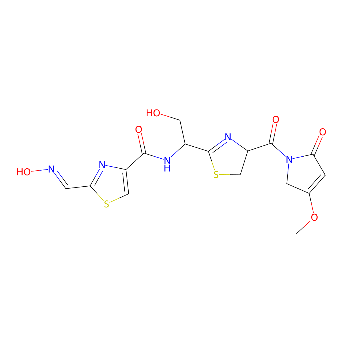 2-[(E)-hydroxyiminomethyl]-N-[(1S)-2-hydroxy-1-[(4S)-4-(3-methoxy-5-oxo-2H-pyrrole-1-carbonyl)-4,5-dihydro-1,3-thiazol-2-yl]ethyl]-1,3-thiazole-4-carboxamide molecular structure, CAS 12656-40-5