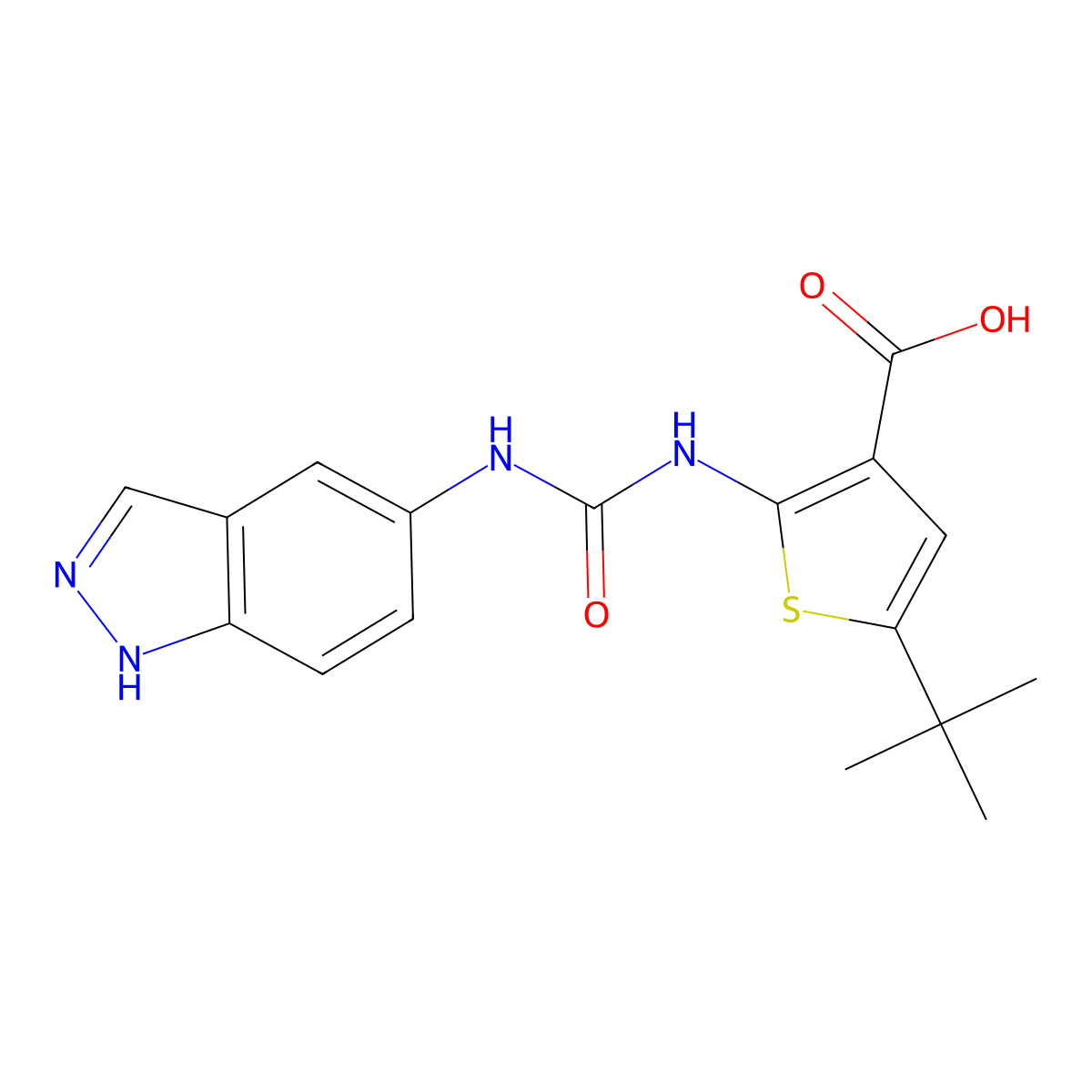 2-(3-(1H-indazol-5-yl)ureido)-5-(tert-butyl)thiophene-3-carboxylic acid molecular structure, CAS 1265789-88-5