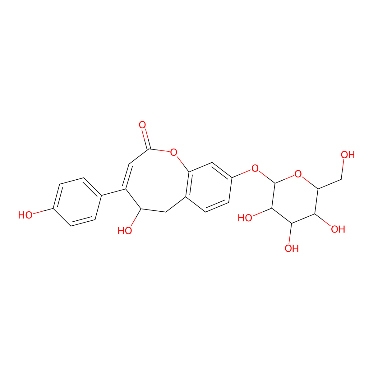 5-Hydroxy-4-(4-hydroxyphenyl)-9-[3,4,5-trihydroxy-6-(hydroxymethyl)oxan-2-yl]oxy-5,6-dihydro-1-benzoxocin-2-one molecular structure, CAS 126589-95-5