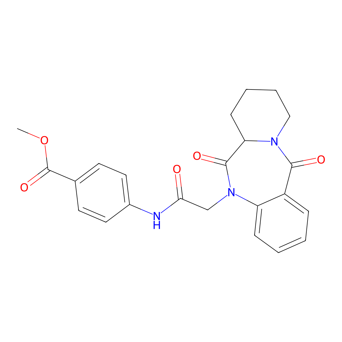 methyl 4-{[(6,12-dioxo-6,6a,7,8,9,10-hexahydropyrido[2,1-c][1,4]benzodiazepin-5(12H)-yl)acetyl]amino}benzoate molecular structure, CAS 1265963-22-1