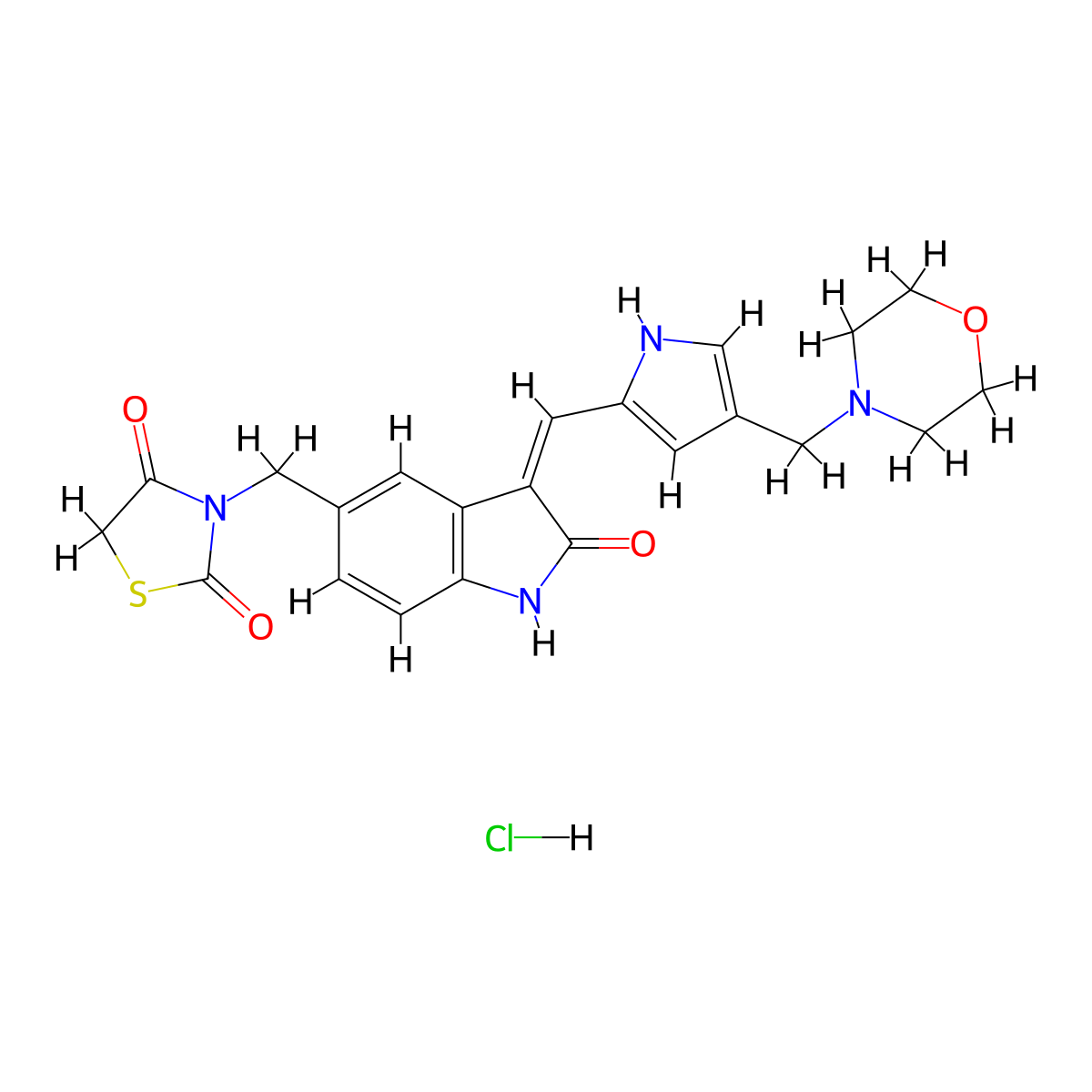(Z)-3-((3-((4-(morpholinomethyl)-1H-pyrrol-2-yl)methylene)-2-oxoindolin-5-yl)methyl)thiazolidine-2,4-dione hydrochloride molecular structure, CAS 1265966-31-1