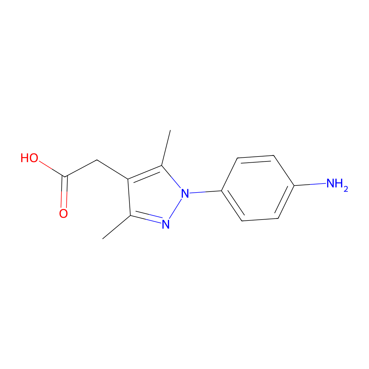 2-(1-(4-aminophenyl)-3,5-dimethyl-1H-pyrazol-4-yl)acetic acid molecular structure, CAS 1266378-98-6
