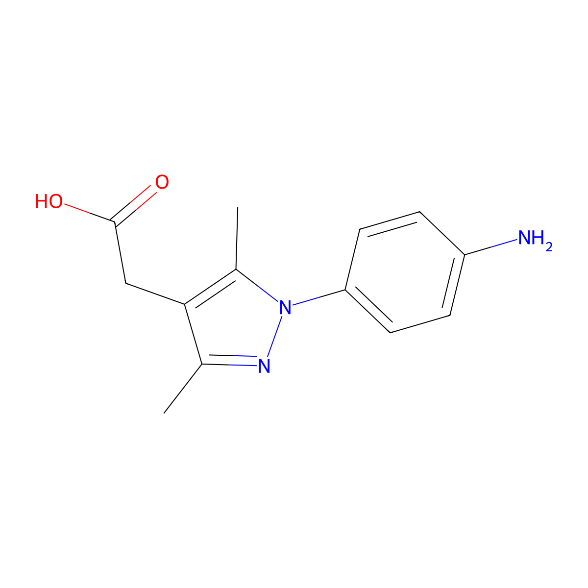 2-(1-(4-aminophenyl)-3,5-dimethyl-1H-pyrazol-4-yl)acetic acid molecular structure, CAS 1266378-98-6