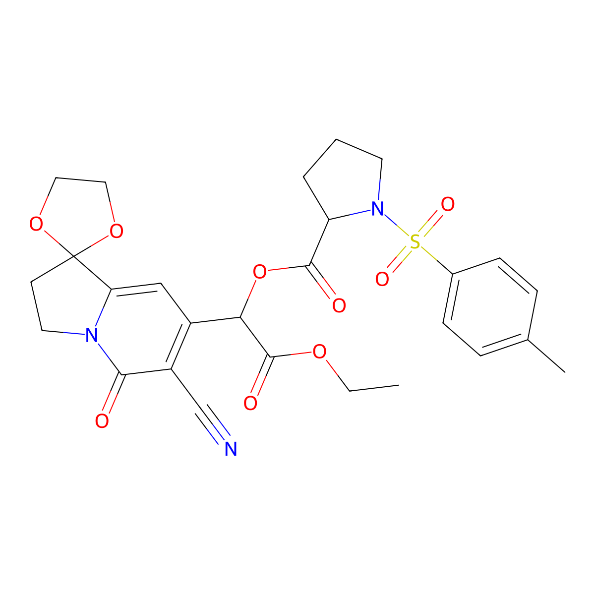 (R)-(S)-1-(6'-Cyano-5'-oxo-3',5'-dihydro-2'H-spiro[[1,3]dioxolane-2,1'-indolizin]-7'-yl)-2-ethoxy-2-oxoethyl 1-Tosylpyrrolidine-2-carboxylate molecular structure, CAS 126639-37-0